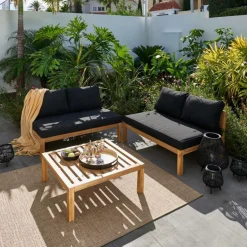 CASA PAULETTE Tavolo & Pouf Lounge Naturale| Tavolini Da Giardino|Set Lounge